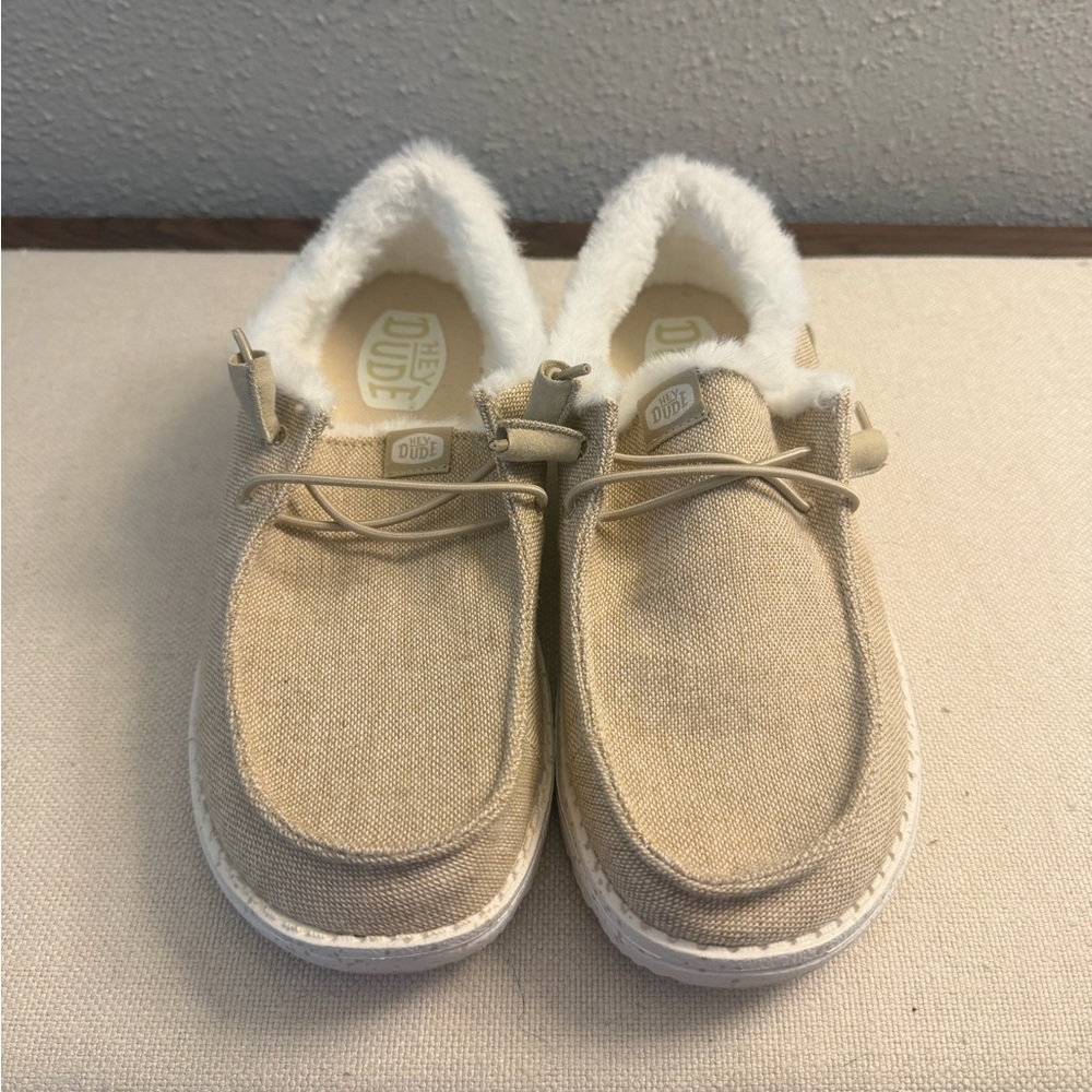 Hey Dude Tan Canvas Slip-On Shoes with White Faux Fur